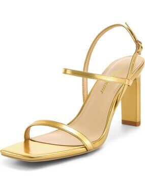 Women's Gold Square Open Toe Heeled Sandals Ankle Strap High Heels Party Shoes
